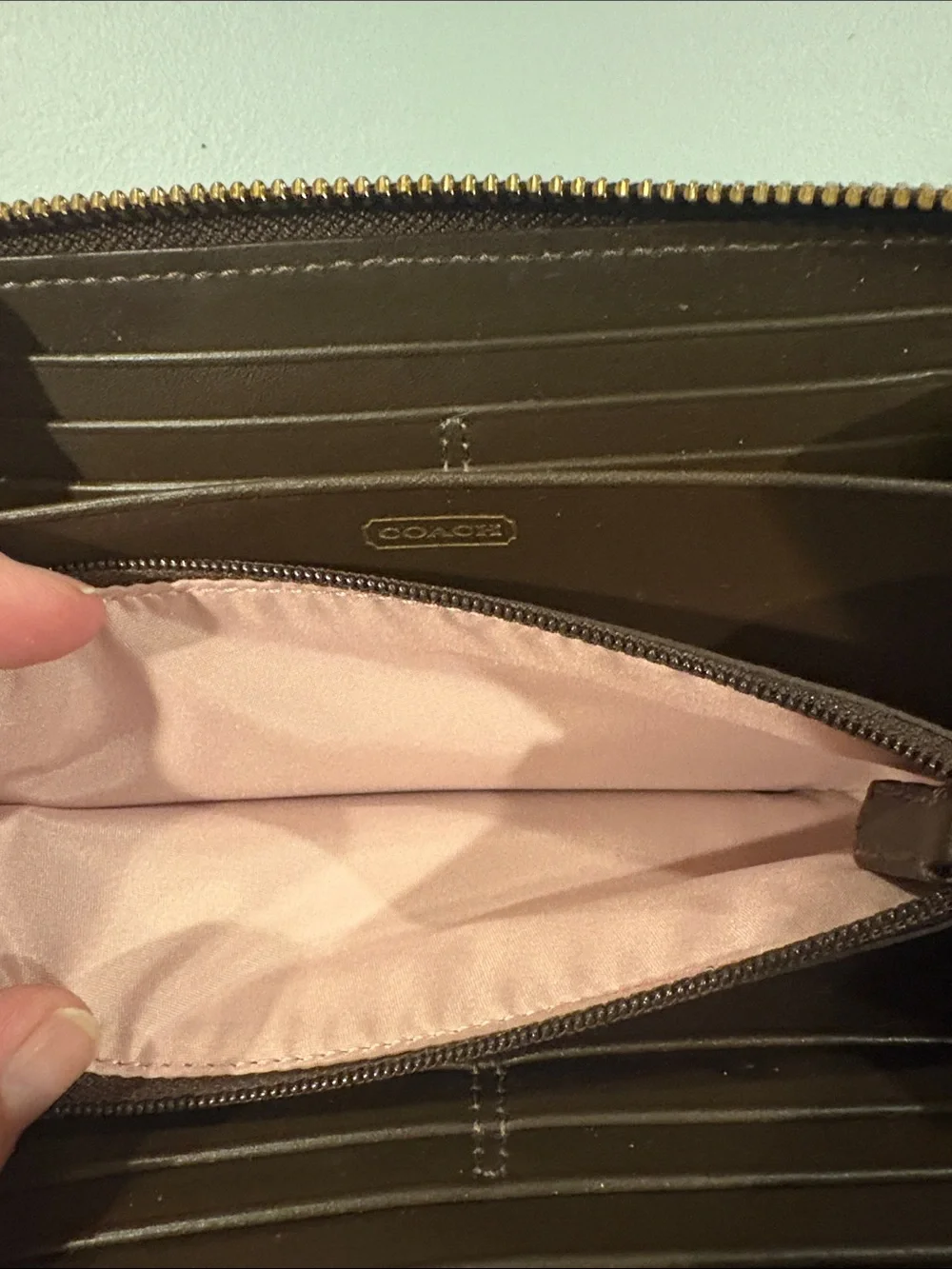 Coach Beige Signature Canvas Zip Wallet with Brown Center Stripe
